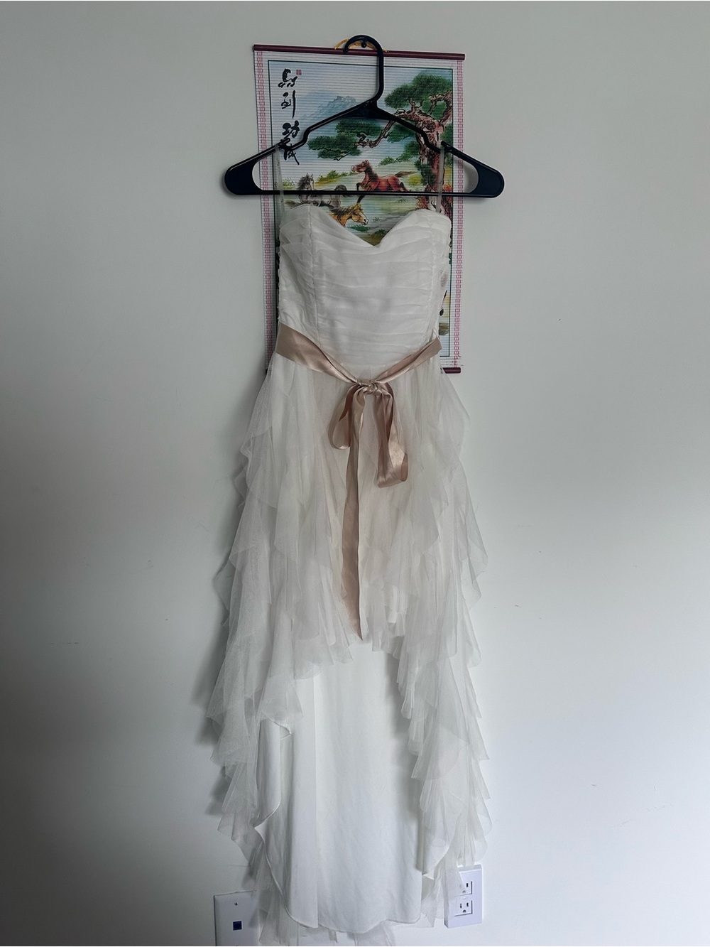 Teeze Me Ivory Strapless High-Low Tulle Dress with Champagne Sash